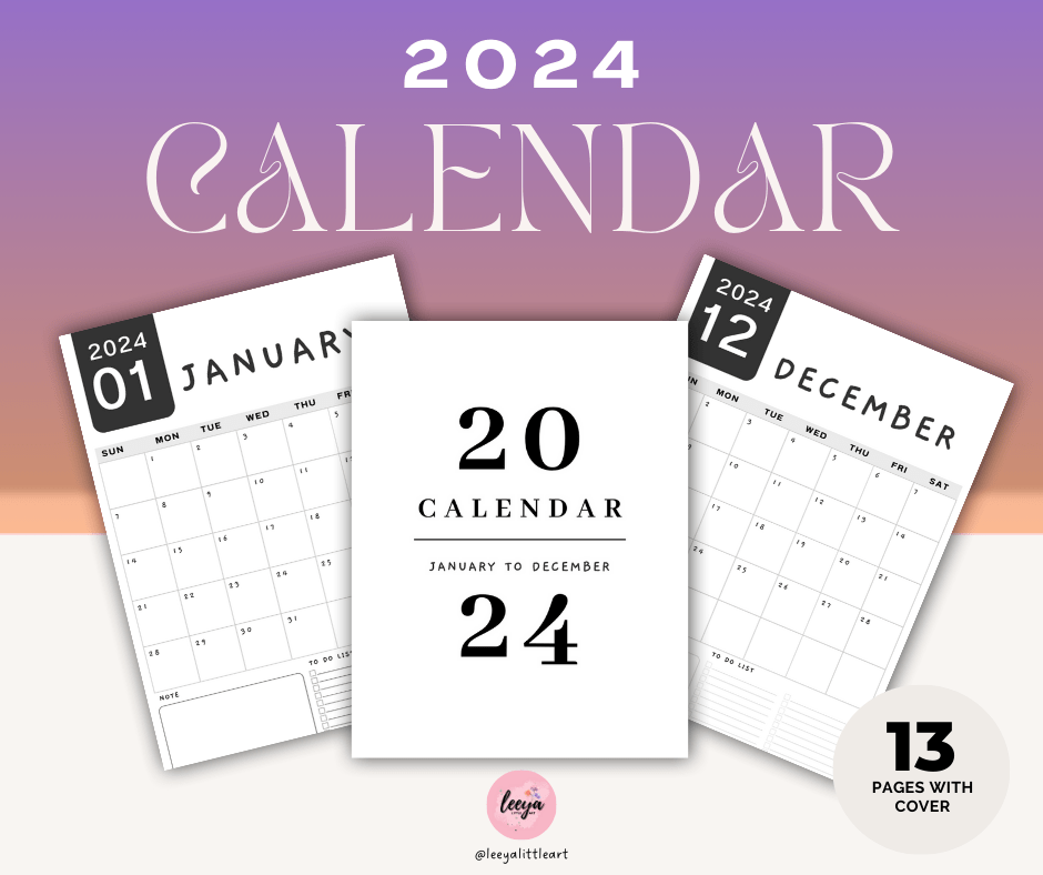 2024 Minimal Calendar, Calendar 2024, 12 Month Calendar, Calendar A5 Paper Size, Black White Color Calendar, Minimalist, Printable Calendar