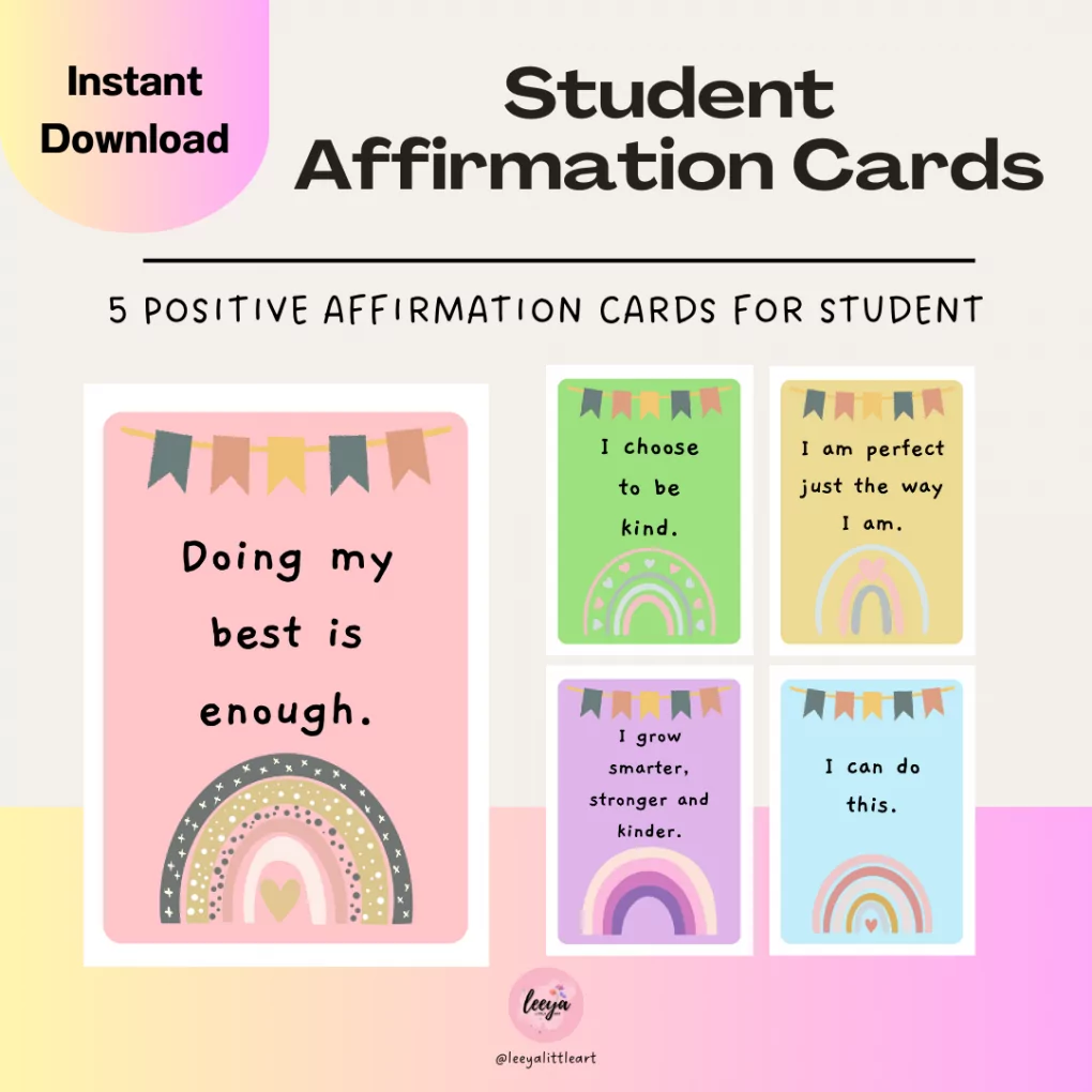Student Printable Positive Affirmation Cards | Set of 5 Student Affirmation Cards | Digital Download | Encouragement Cards for Student | PDF