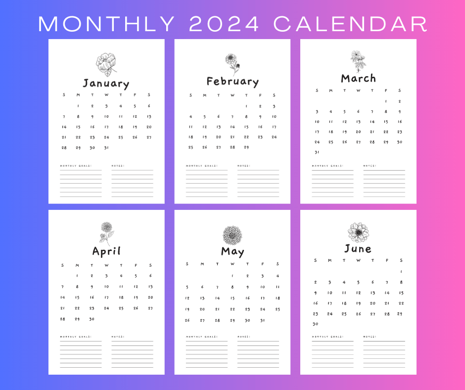 2024 Monthly Calendar Printable, 12 Month Calendar Pages, A4 Monthly Calendar Template, Wall Desk Calendar, Printable Calendar
