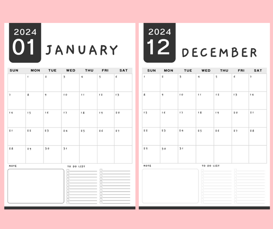 2024 Minimal Calendar, Calendar 2024, 12 Month Calendar, Calendar A5 Paper Size, Black White Color Calendar, Minimalist, Printable Calendar