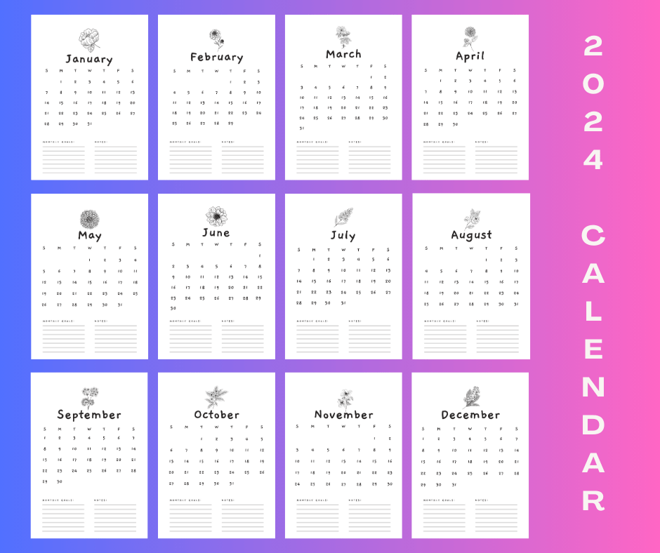 2024 Monthly Calendar Printable, 12 Month Calendar Pages, A4 Monthly Calendar Template, Wall Desk Calendar, Printable Calendar