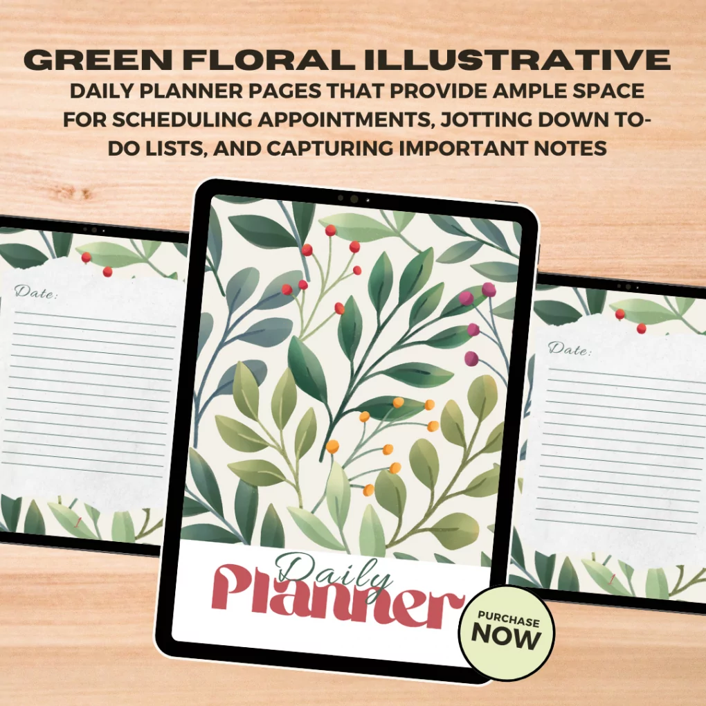 Green Floral Illustrative Daily Planner Spiral Notebook | Ipad | Good Notes | Canva | Digital Planner