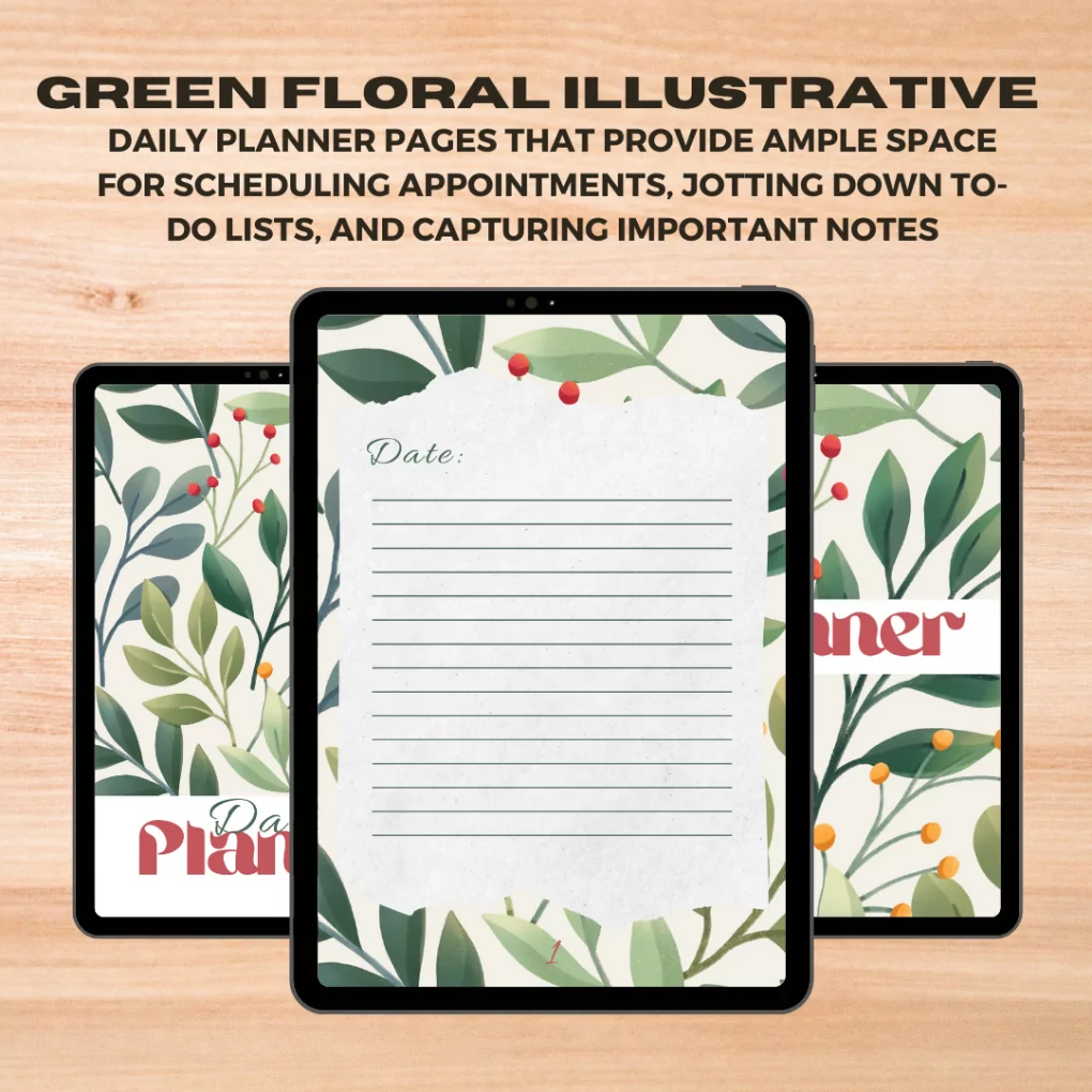 Green Floral Illustrative Daily Planner Spiral Notebook | Ipad | Good Notes | Canva | Digital Planner