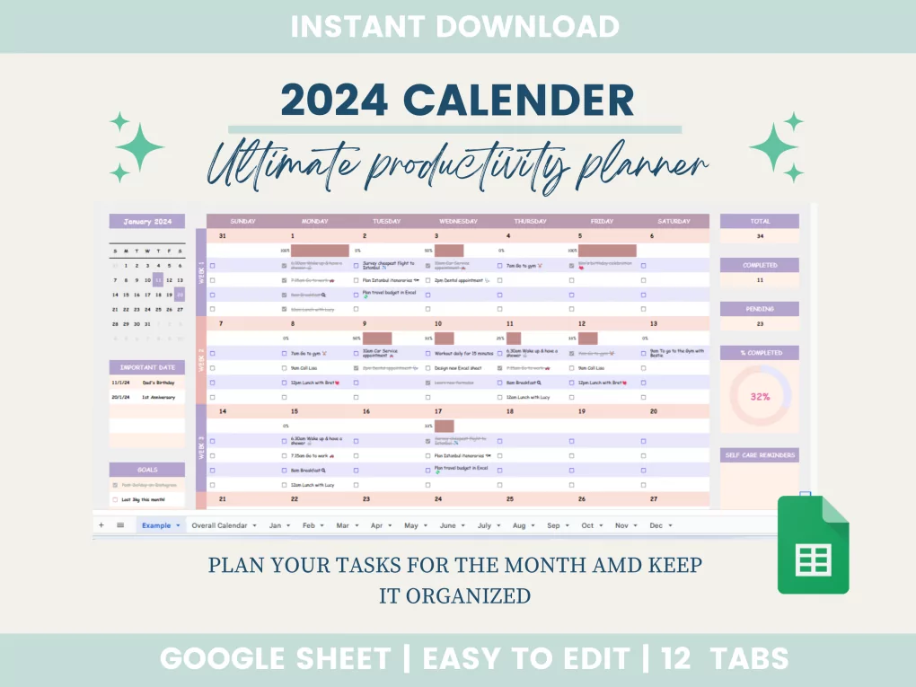 2024 Monthly Calendar Spreadsheet | Google Sheets | Task Planner Spreadsheet | To Do List | Task Tracker | Productivity Planner | Digital