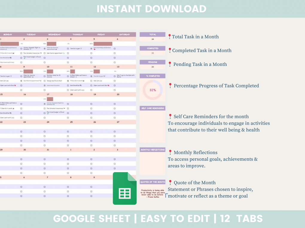 2024 Monthly Calendar Spreadsheet | Google Sheets | Task Planner Spreadsheet | To Do List | Task Tracker | Productivity Planner | Digital
