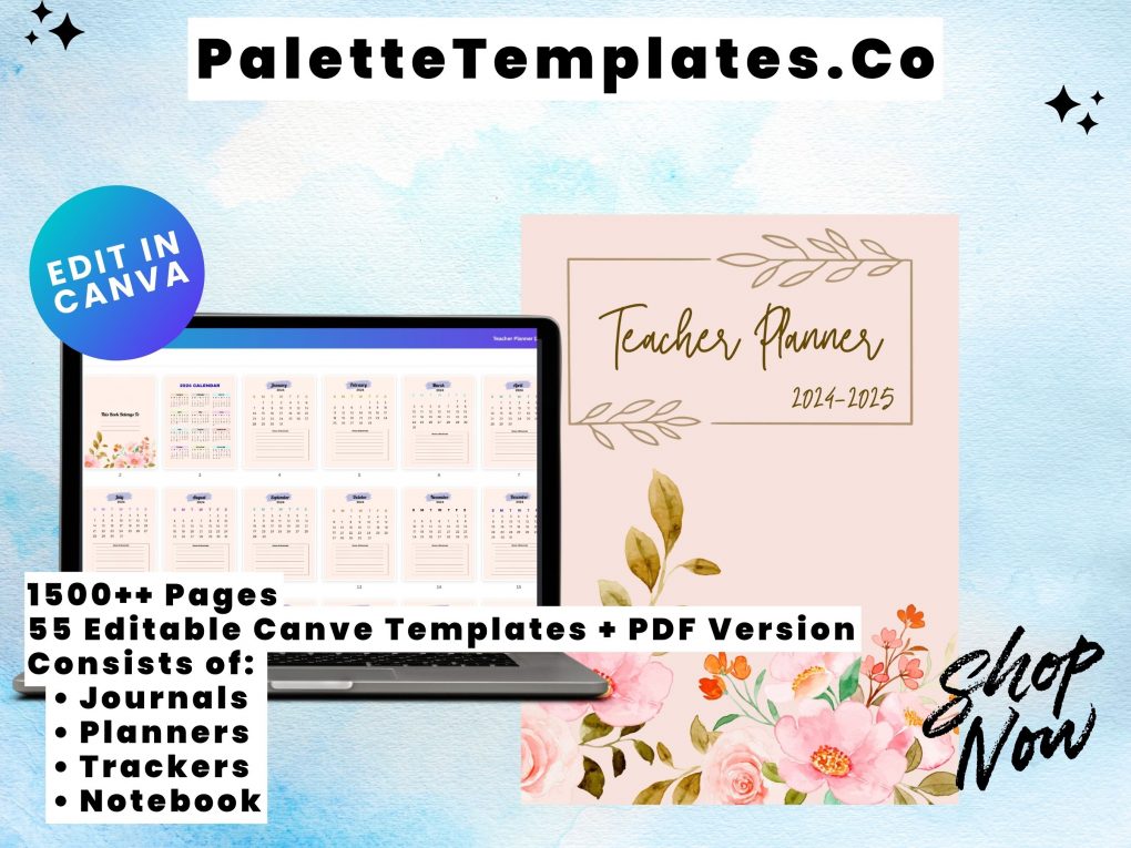 Editable Canva Planner & Journal- 55 Templates Bundle + PDF version (Includes Teacher planner/Wedding planner/Weekly planner/Journaling/Medical Planner/Fitness planner and more)