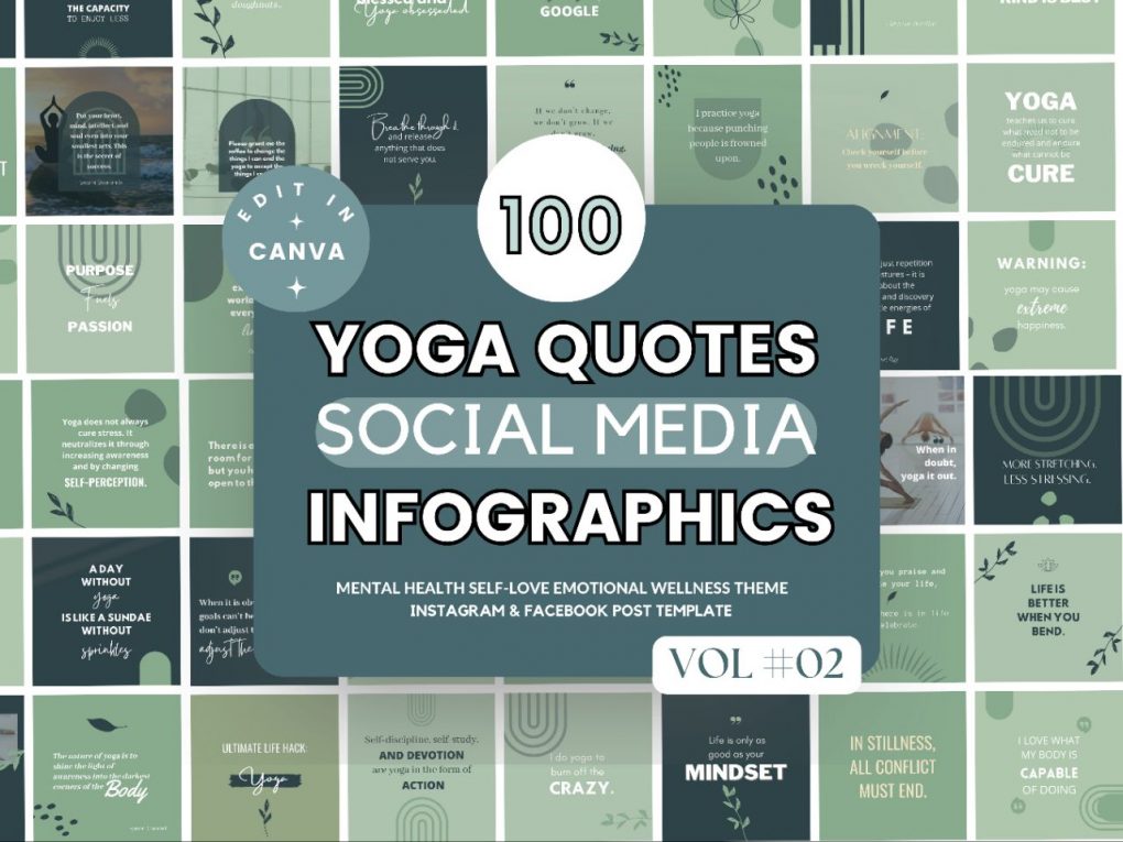 100 Yoga Quotes Instagram Template | Yoga Instagram Templates | Wellness Instagram Templates | Canva Templates for Yoga | Editable Template