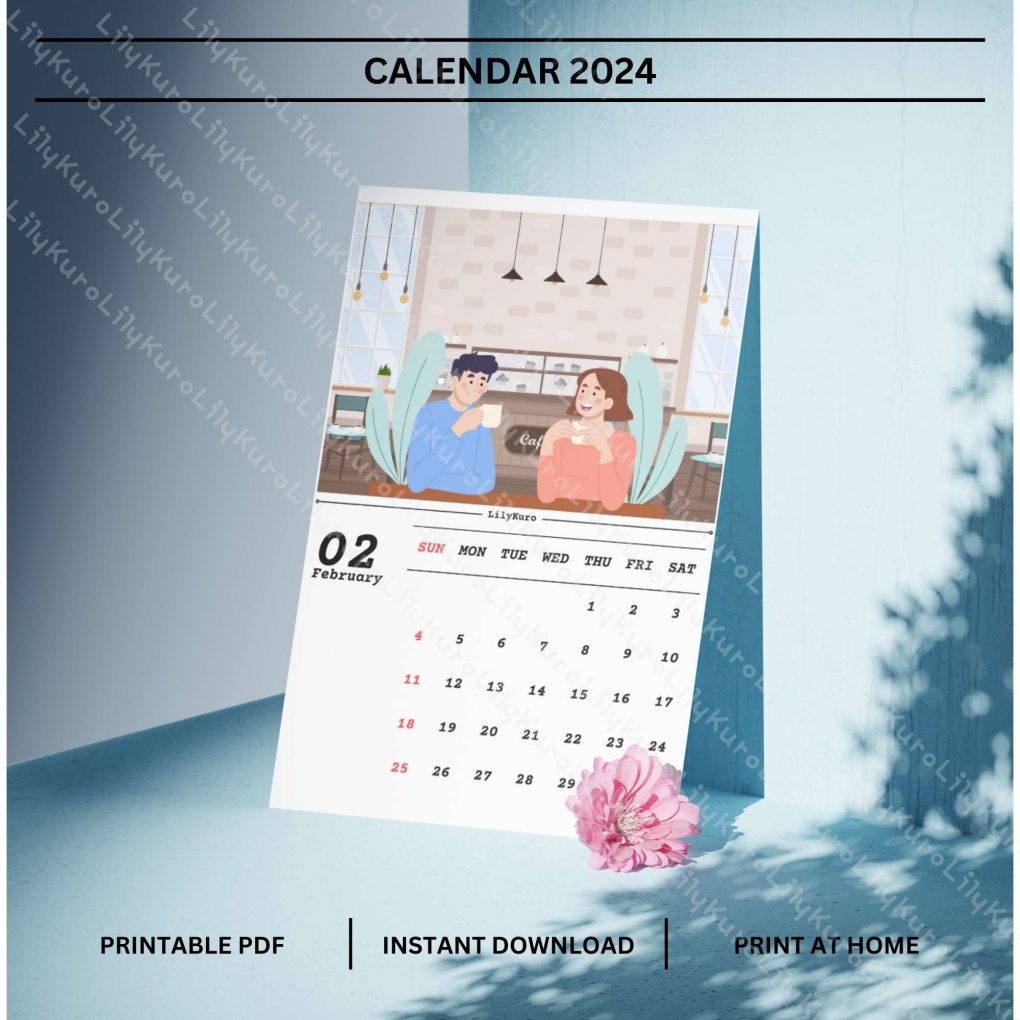 Monthly Calendar 2024, Simple And Romance Calendar, Printable Calendar, Digital Calendar, A4 - Portrait Oriented