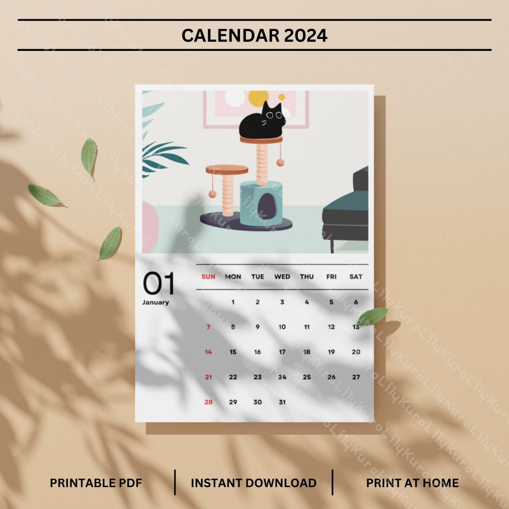 Monthly Calendar 2024, Simple and Cute Calendar, Printable Calendar, Digital Calendar, A4 - Portrait oriented