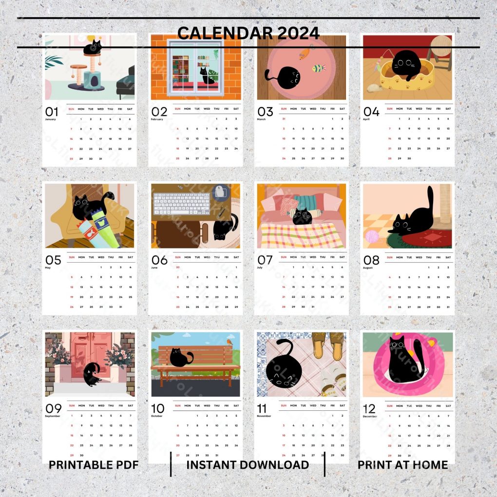 Monthly Calendar 2024, Simple and Cute Calendar, Printable Calendar, Digital Calendar, A4 - Portrait oriented