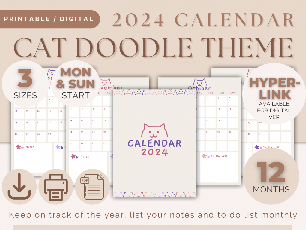 Cute Cat Doodle 2024 Printable Digital Year Calendar - A4 A3 Letter Sizes, Hyperlinked & Printable, Monday & Sunday Start