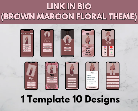 1 0 Designs of Link in bio template Canva (Brown Maroon Theme) - Link Website - Link Social Media Marketing - Link Instagram - Link Tiktok