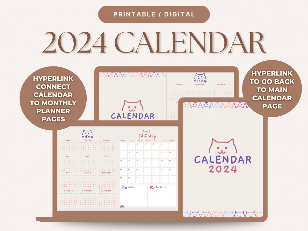 Cute Cat Doodle 2024 Printable Digital Year Calendar - A4 A3 Letter Sizes, Hyperlinked & Printable, Monday & Sunday Start