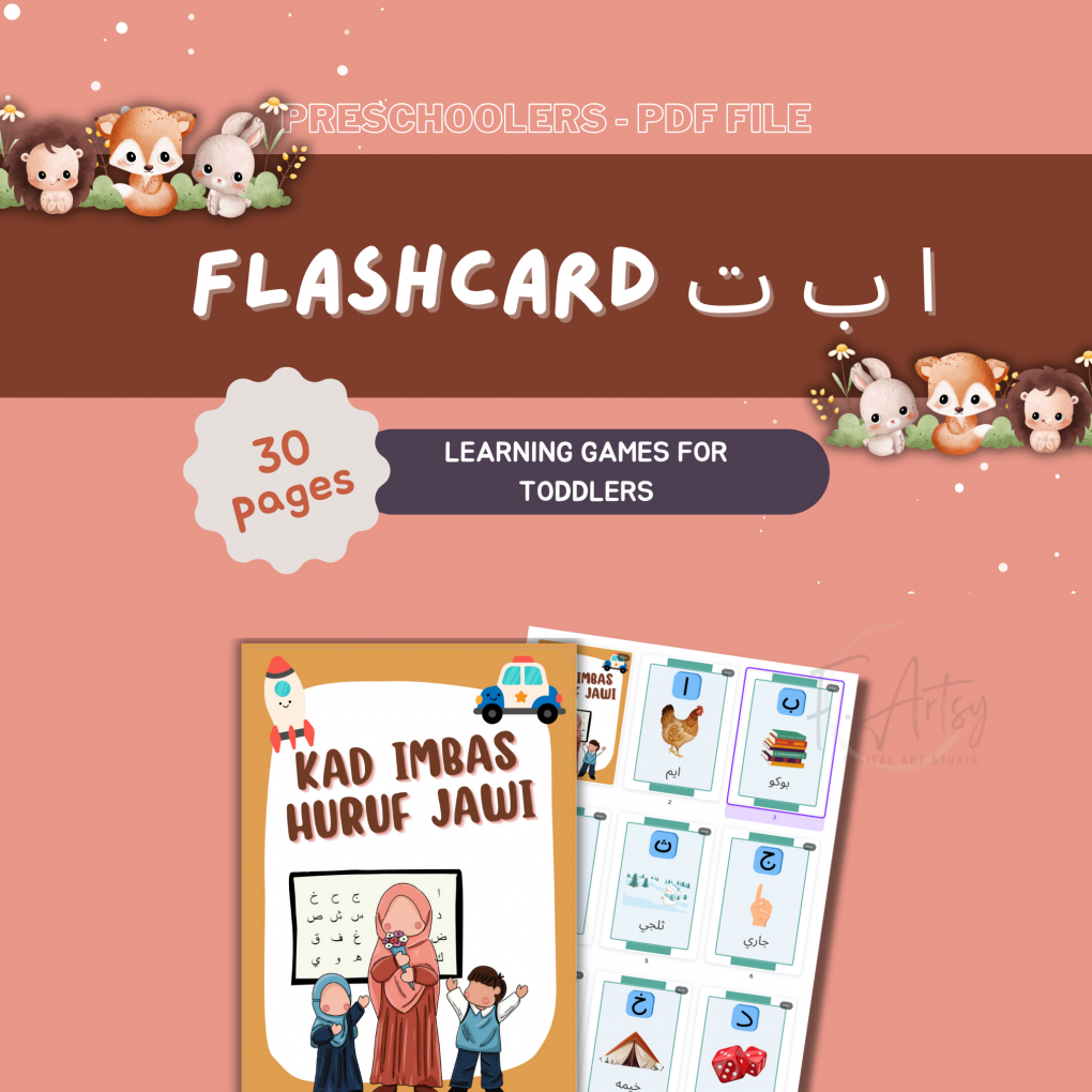 Flashcard Jawi for Toddlers | Interactive Learning Card | Cue Card for Young Learner | Dual Language Study Card | Jawi Prompt Card