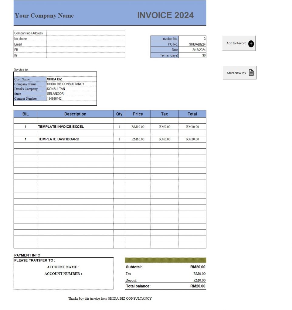 TEMPLATE EXCEL EASY INVOICE + DATABASE