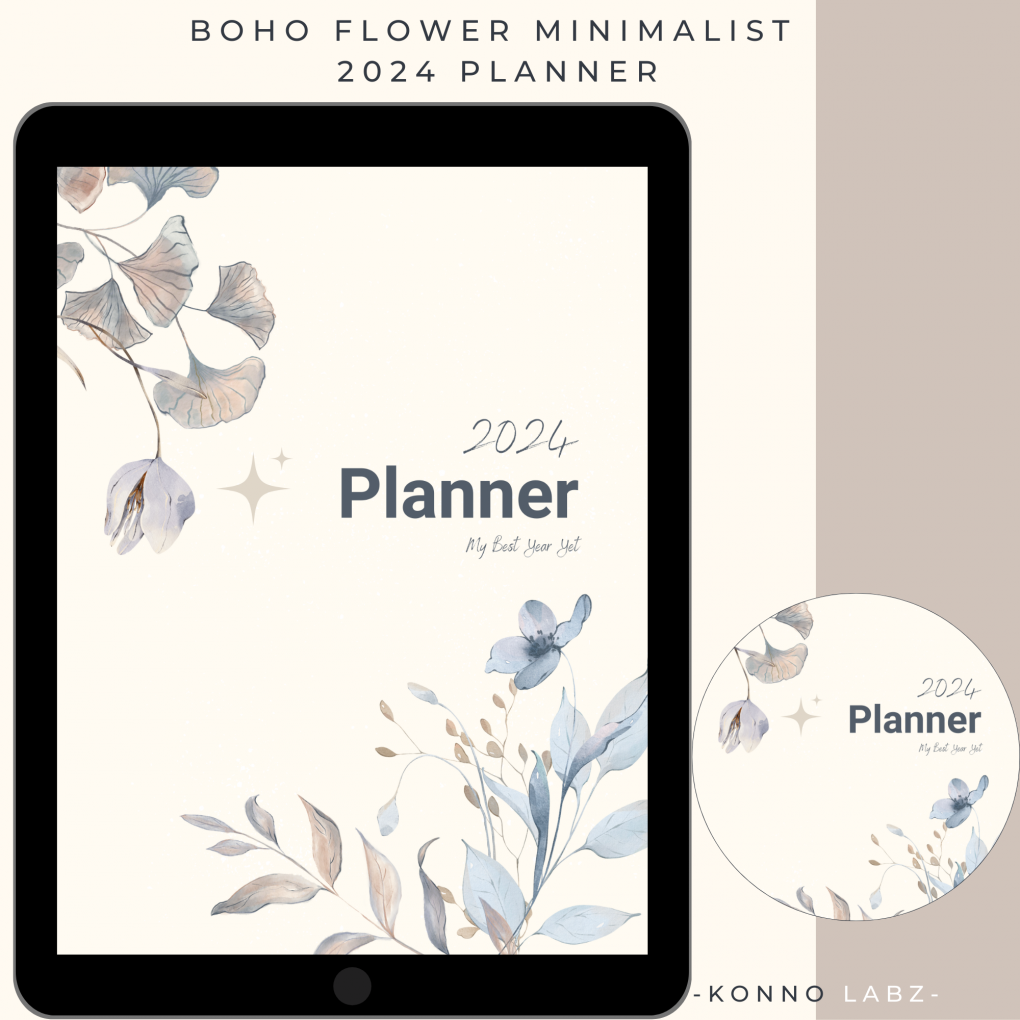 Boho Flower Minimalist 2024 Planner, Student Planner, Aesthetic Planner, Flower Planner, Minimalist Planner- by Konno