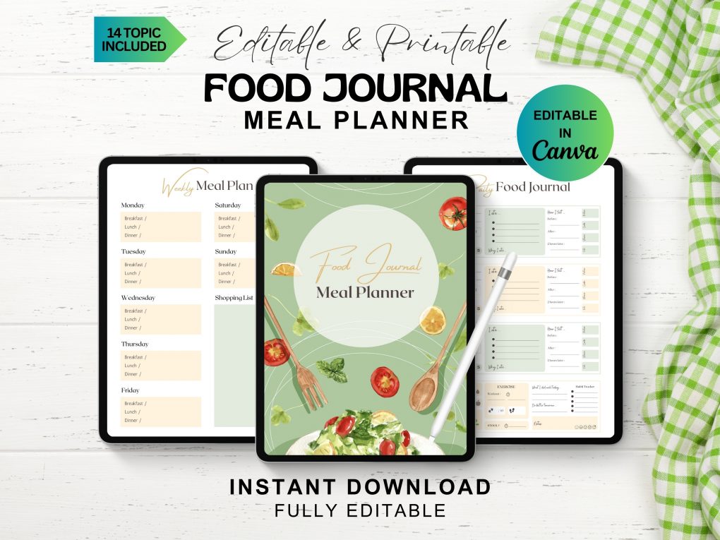 Meal Planner Printable, Weekly Food Diary, Editable Meal Tracker, Food Journal, Menu Plan & Prep, BONUS Grocery List! Diet, Fitness, Health