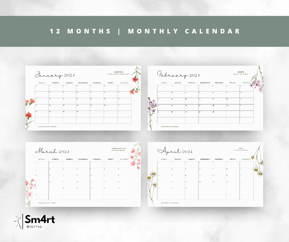 2024 Watercolor Floral Minimalist Monthly Calendar | Editable Calendar Planner | Landscape Horizontal | Sunday Start