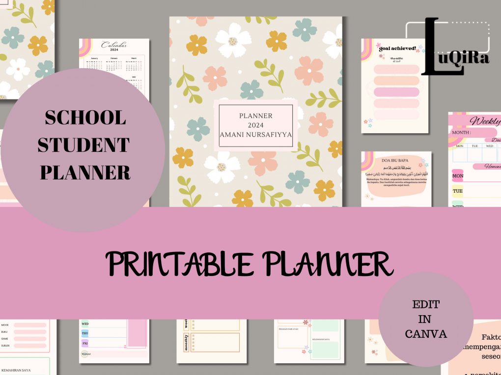 Printable school student planner, editable in canva